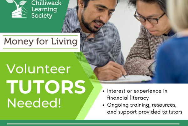 two men reading a document while one holds a pen in an ad for Financial Literacy volunteer tutors.