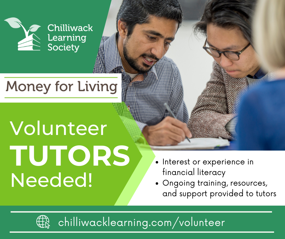 two men reading a document while one holds a pen in an ad for Financial Literacy volunteer tutors.