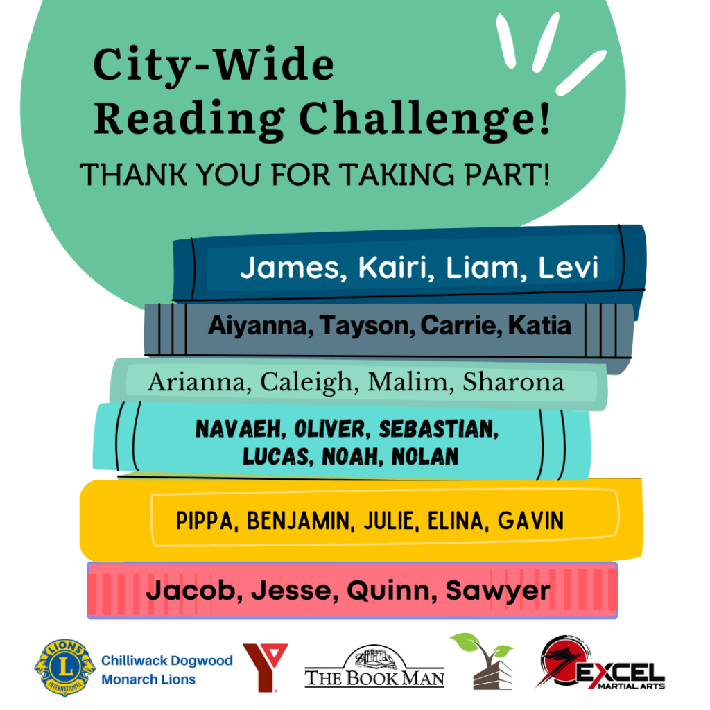 List of Reading Challenge winners written on the spine of a stack of colourful books.