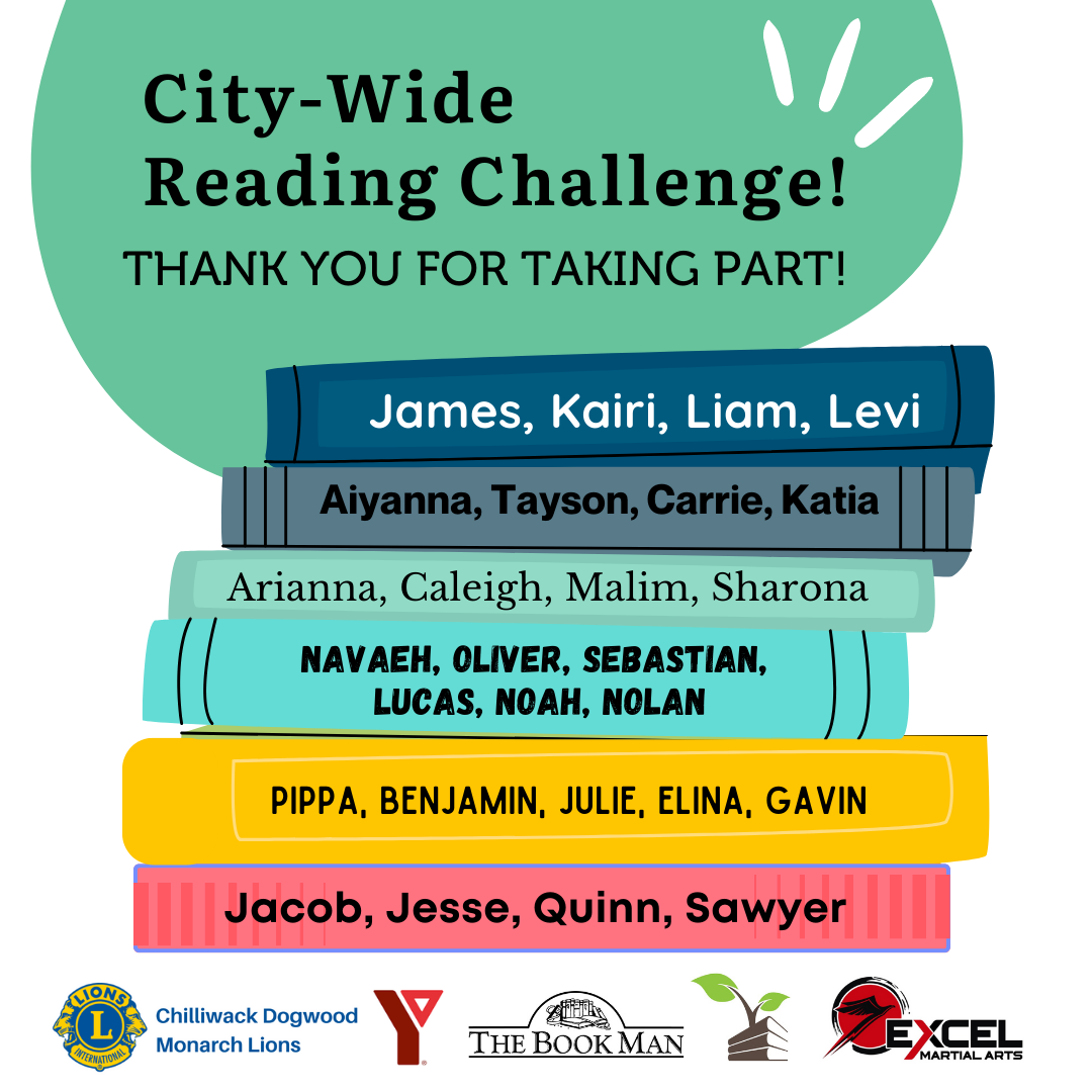 List of Reading Challenge winners written on the spine of a stack of colourful books.